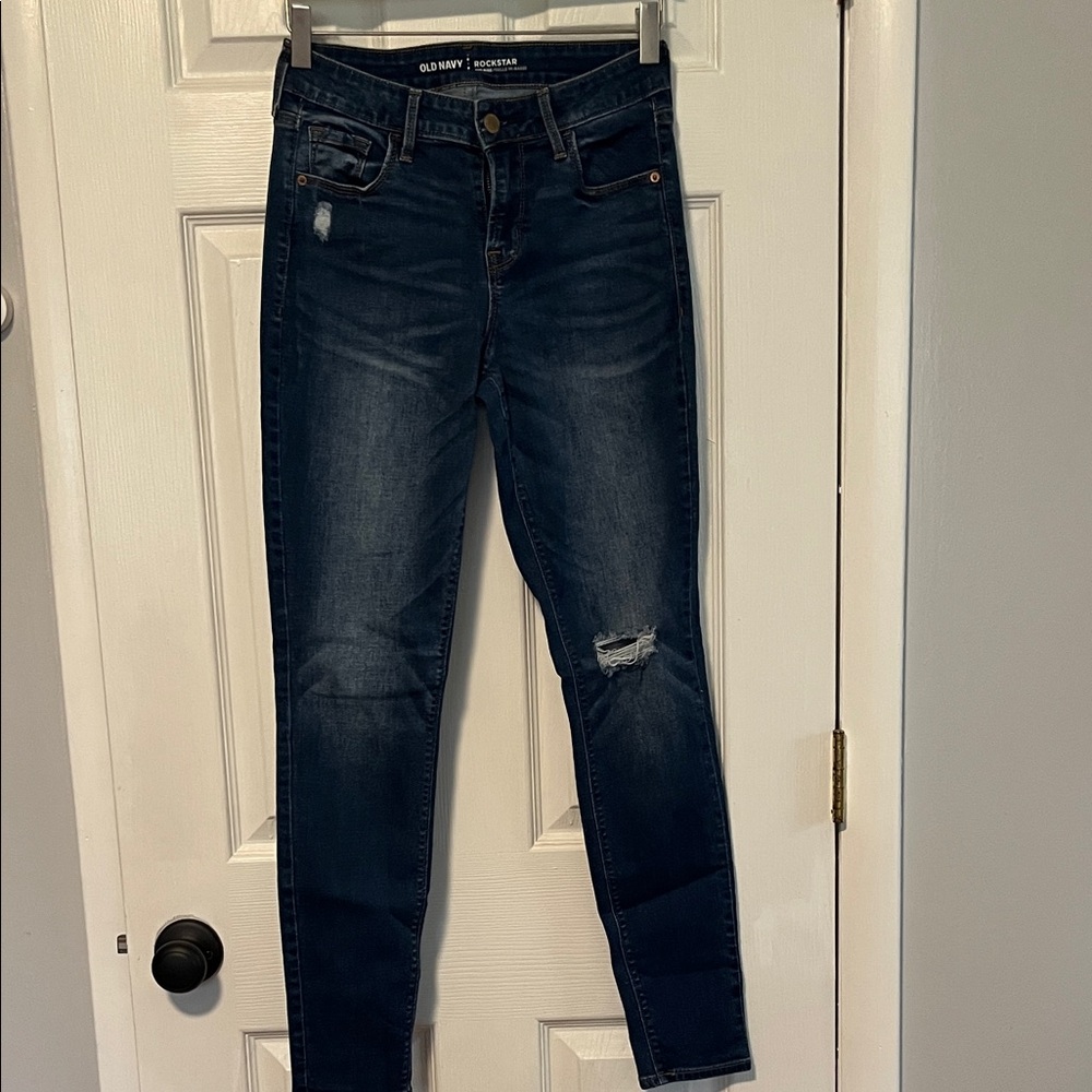 Old Navy Women's Dark Blue Skinny Jeans with Distressed Knees
